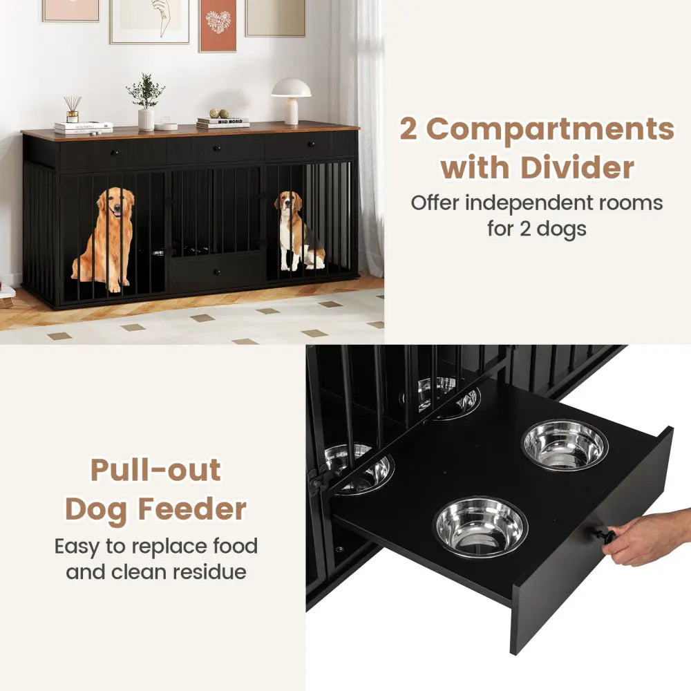 Dog Crate Furniture Indoor Modern Dog Kennel with Divider 3 Drawers and Pull-out Feeder-Black - Black - Dog Kennels