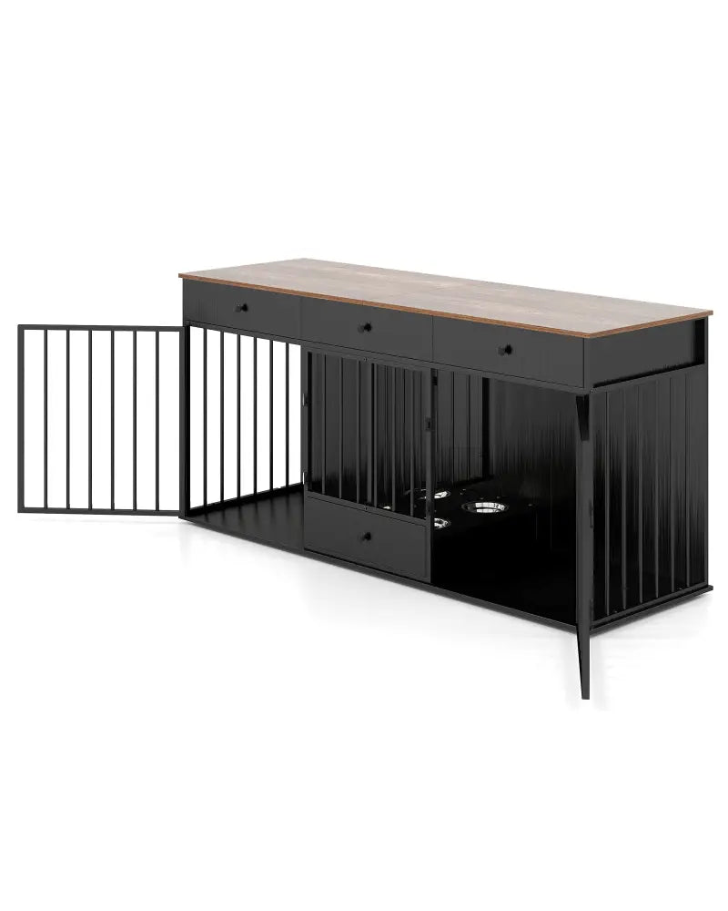 Dog Crate Furniture Indoor Modern Dog Kennel with Divider 3 Drawers and Pull-out Feeder-Black - Black - Dog Kennels