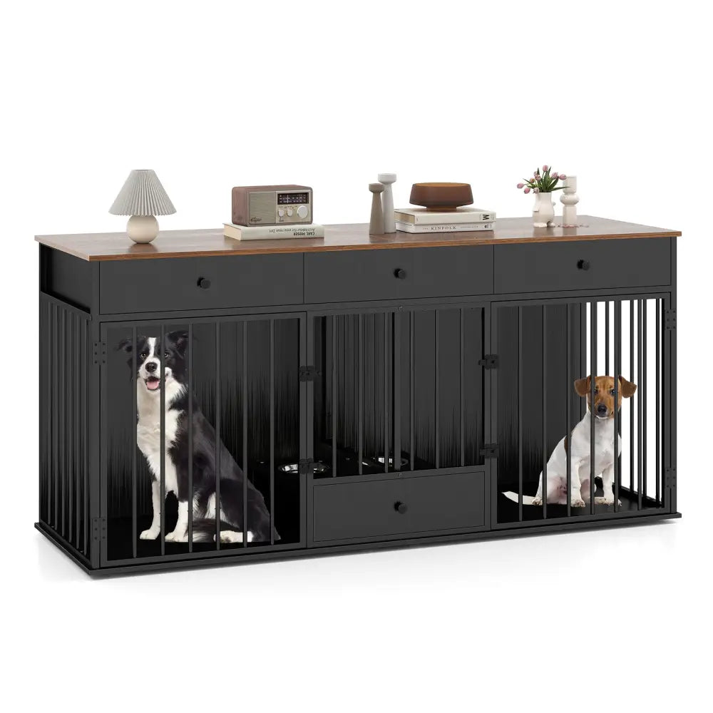 Dog Crate Furniture Indoor Modern Dog Kennel with Divider 3 Drawers and Pull-out Feeder-Black - Black - Dog Kennels