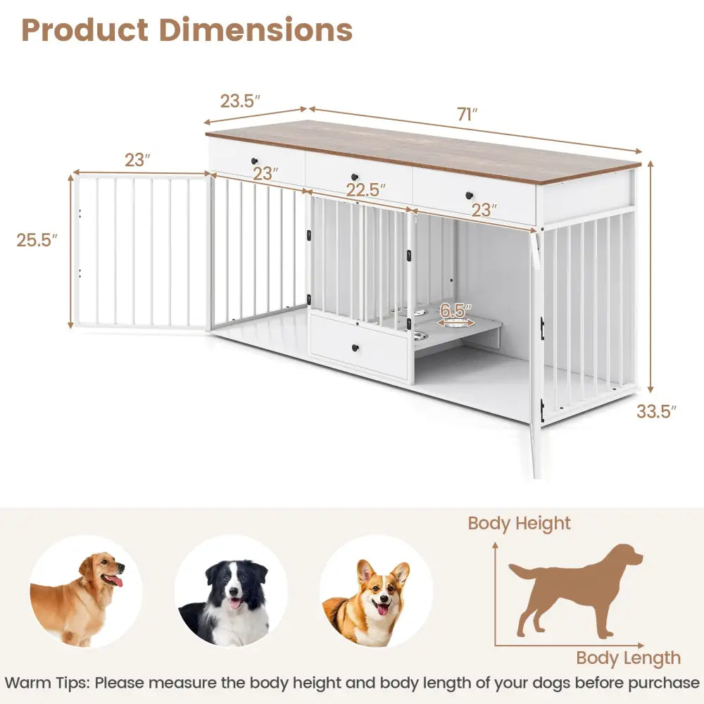 Dog Crate Furniture Indoor Modern Dog Kennel with Divider 3 Drawers and Pull-out Feeder-White - White - Dog Kennels