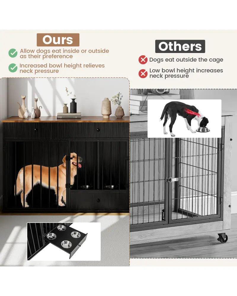 Dog Crate Furniture Indoor Modern Dog Kennel with Divider 3 Drawers and Pull-out Feeder-Black - Black - Dog Kennels