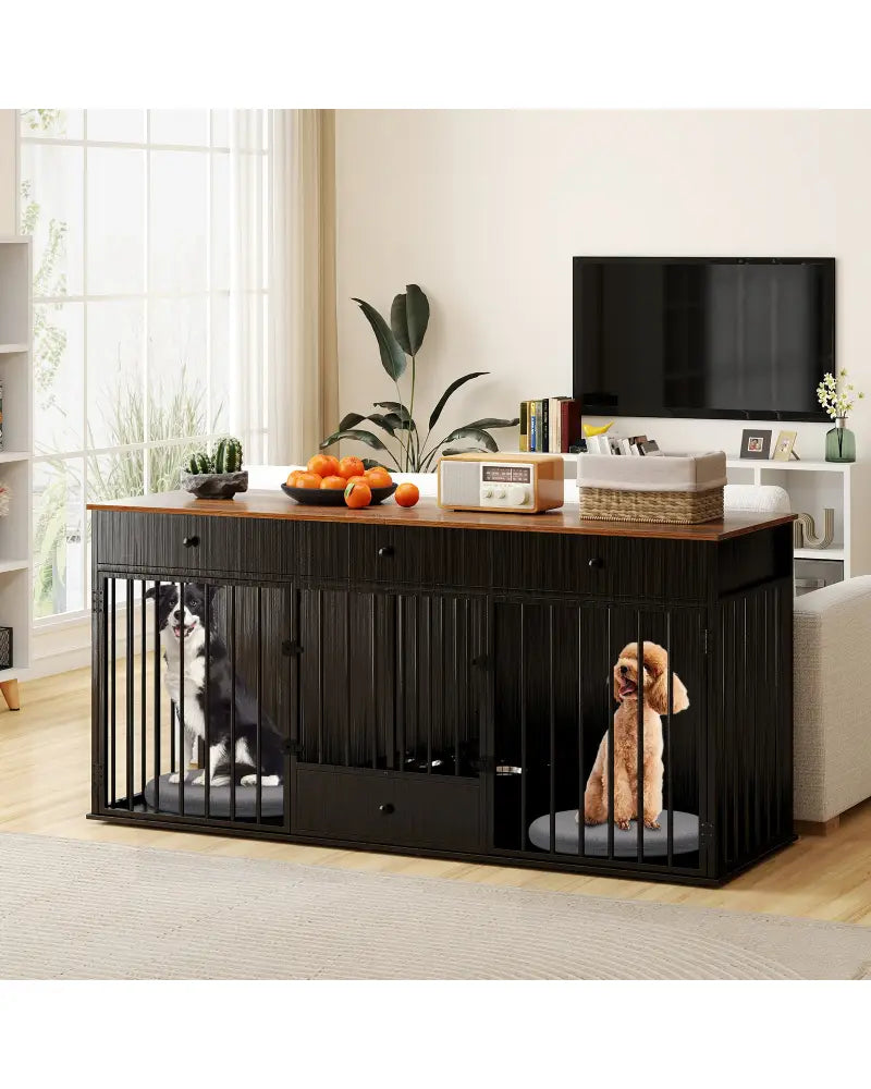 Dog Crate Furniture Indoor Modern Dog Kennel with Divider 3 Drawers and Pull-out Feeder-Black - Black - Dog Kennels