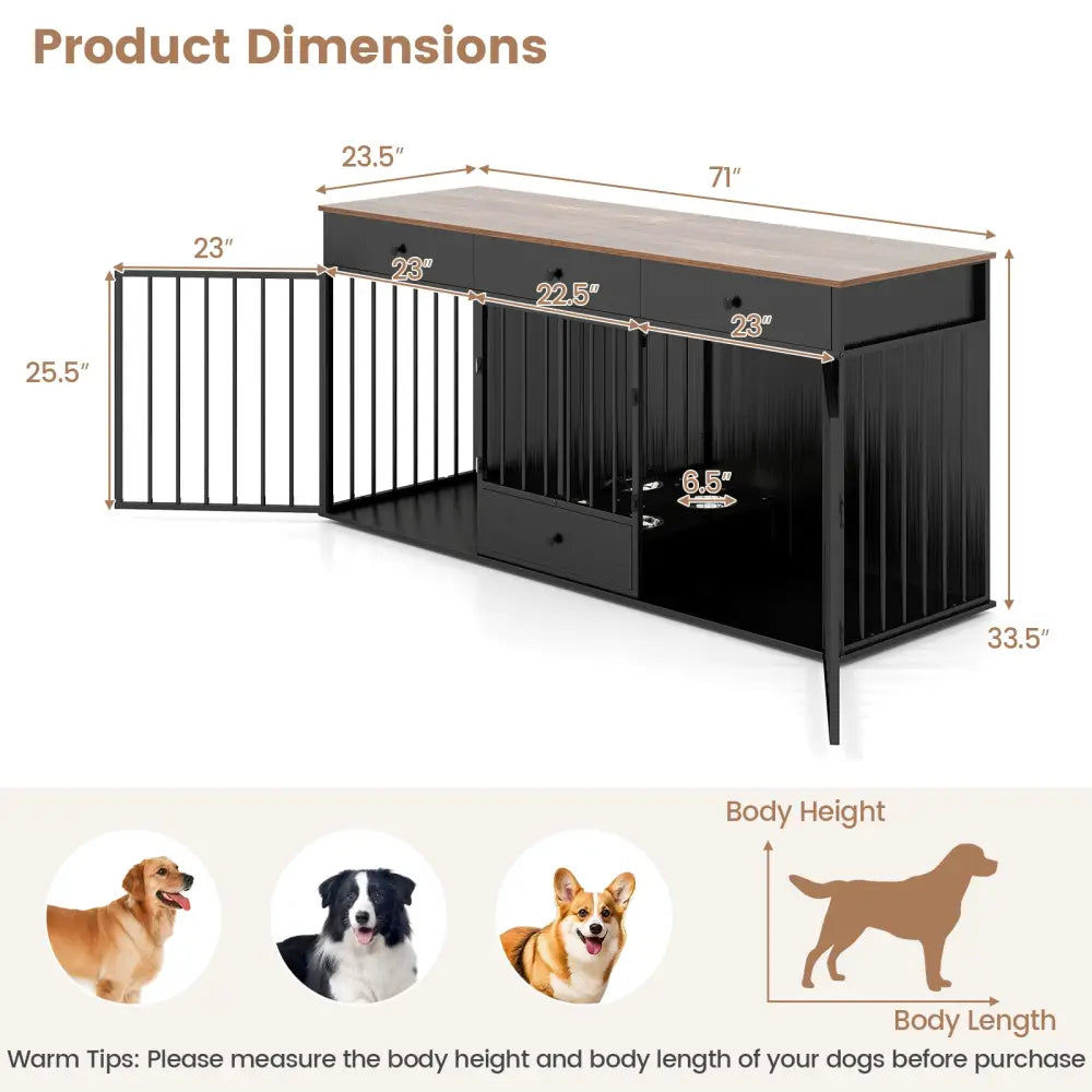 Dog Crate Furniture Indoor Modern Dog Kennel with Divider 3 Drawers and Pull-out Feeder-Black - Black - Dog Kennels