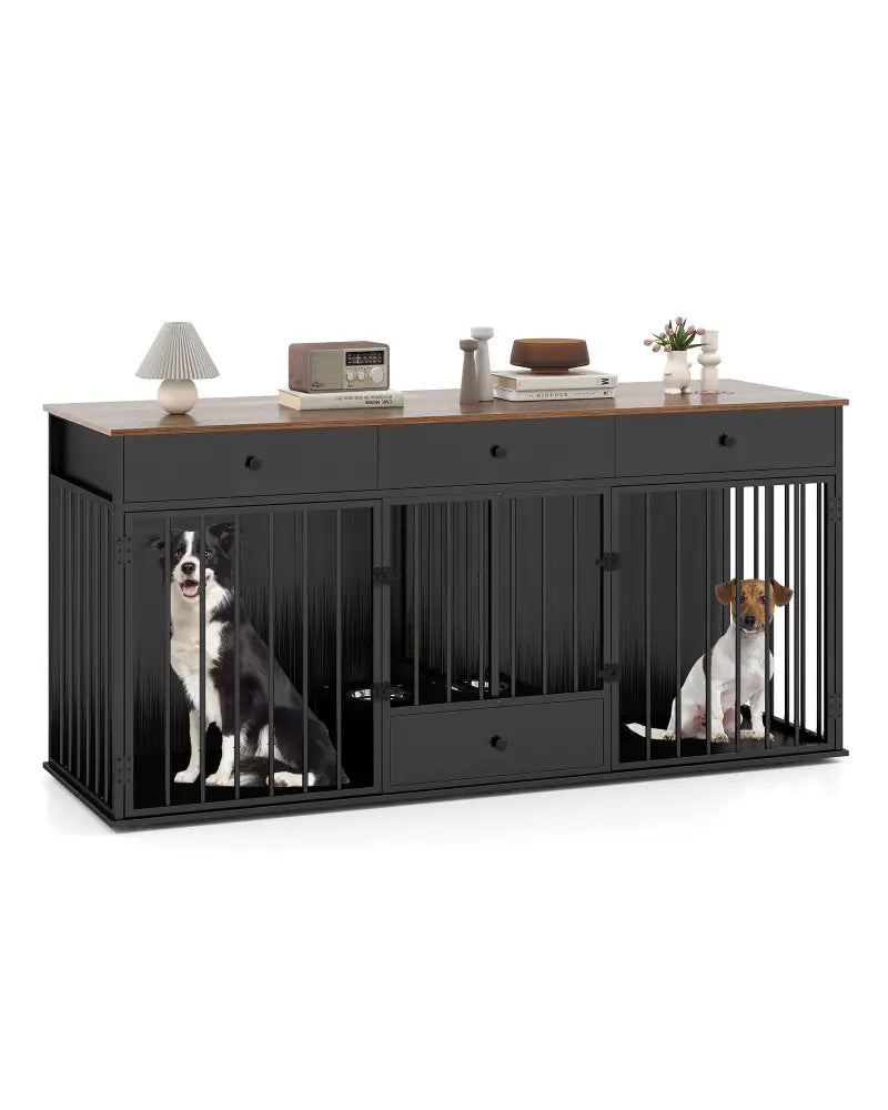 Dog Crate Furniture Indoor Modern Dog Kennel with Divider 3 Drawers and Pull-out Feeder-Black - Black - Dog Kennels