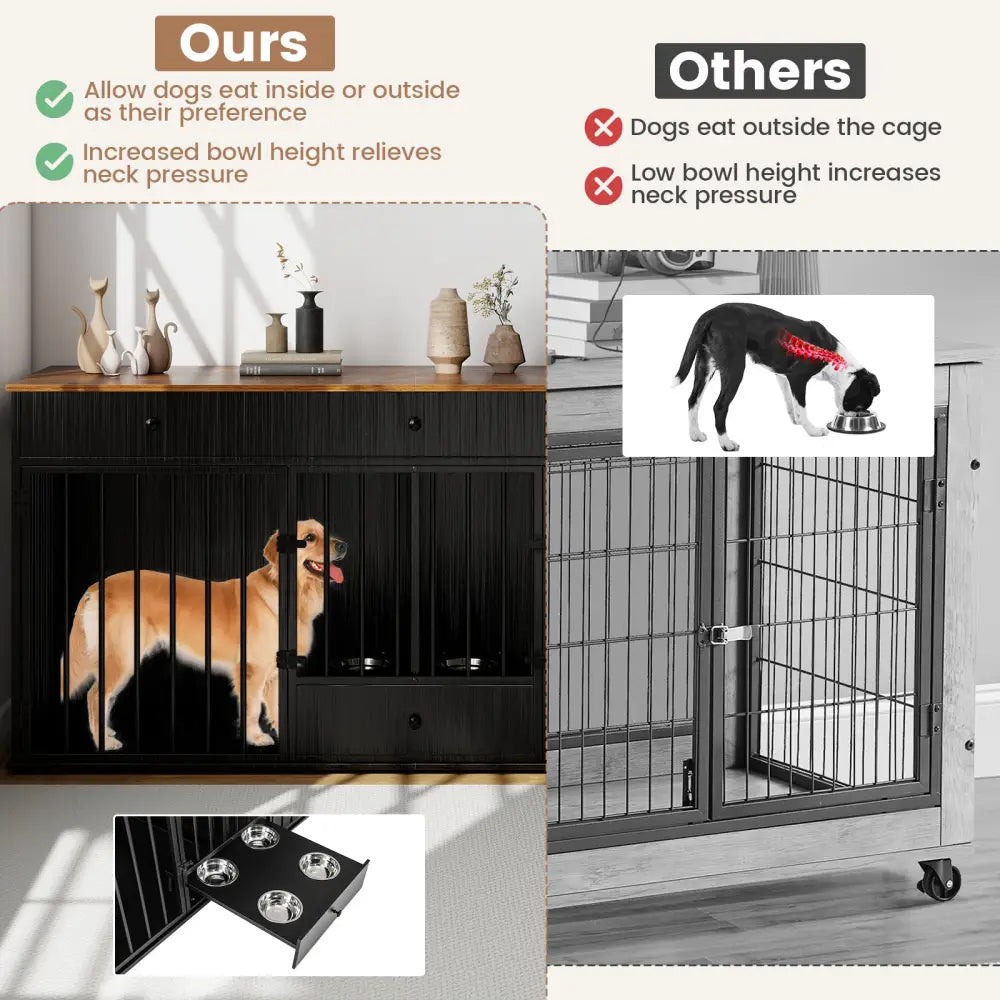 Dog Crate Furniture Indoor Modern Dog Kennel with Divider 3 Drawers and Pull-out Feeder-Black - Black - Dog Kennels