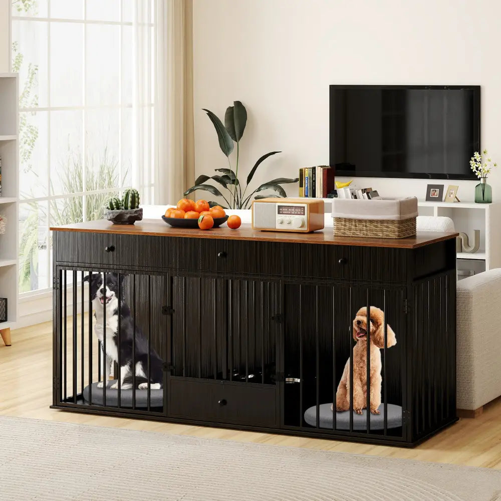 Dog Crate Furniture Indoor Modern Dog Kennel with Divider 3 Drawers and Pull-out Feeder-Black - Black - Dog Kennels