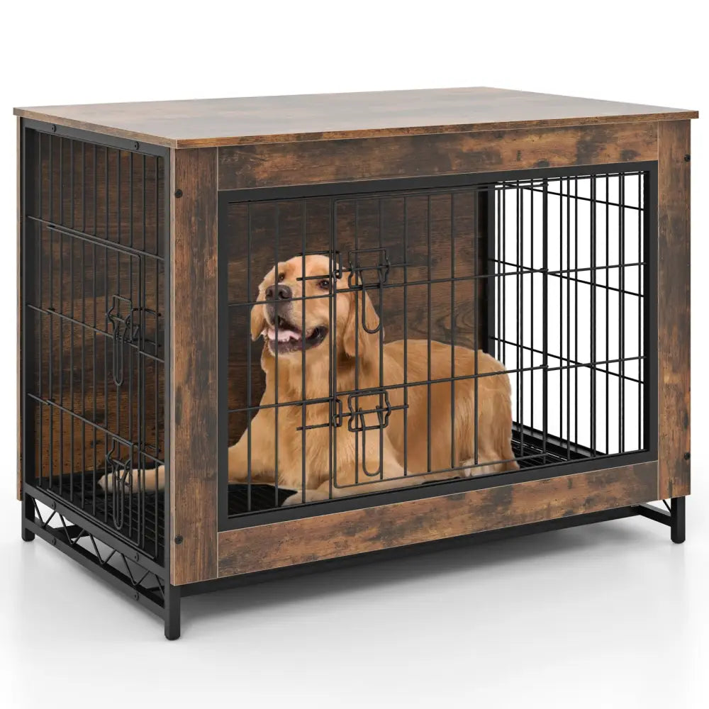 Dog Crate Furniture with Double Lockable Doors and Removable Pull-out Tray-M - Dog Kennels