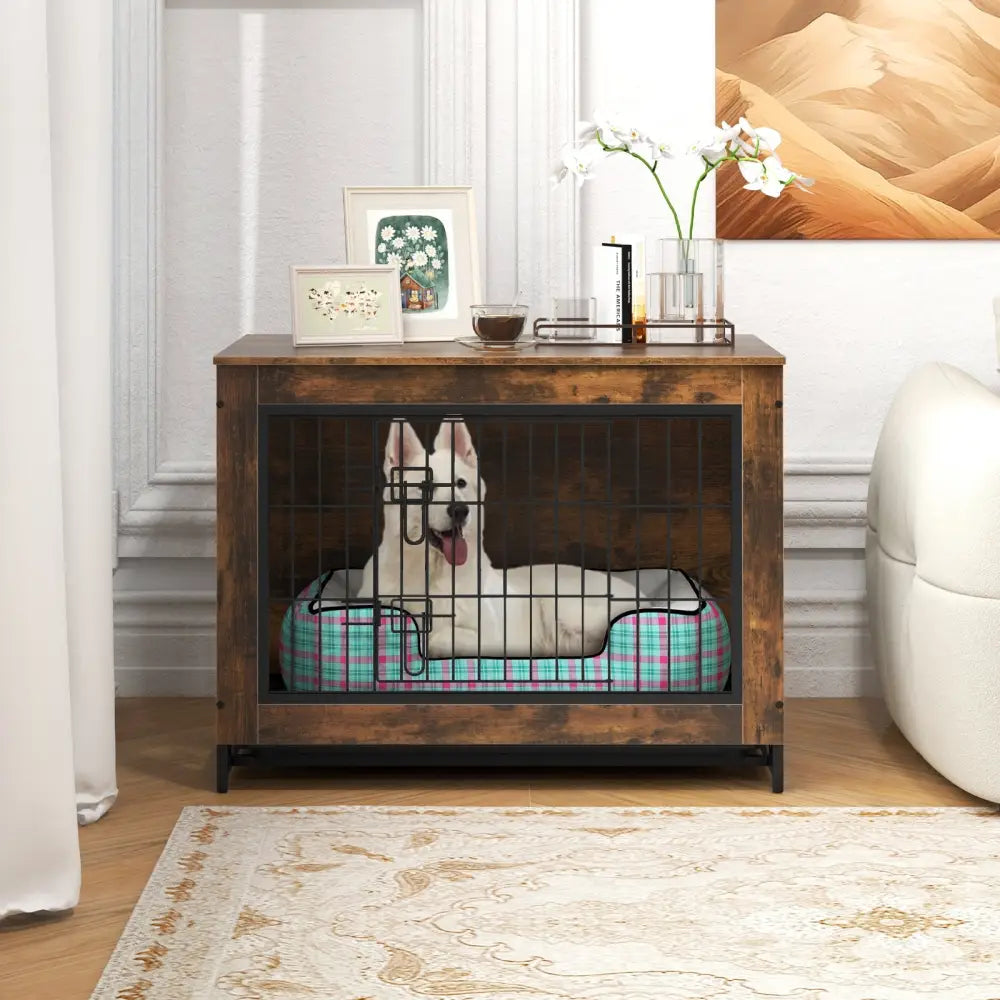 Dog Crate Furniture with Double Lockable Doors and Removable Pull-out Tray-M - Dog Kennels