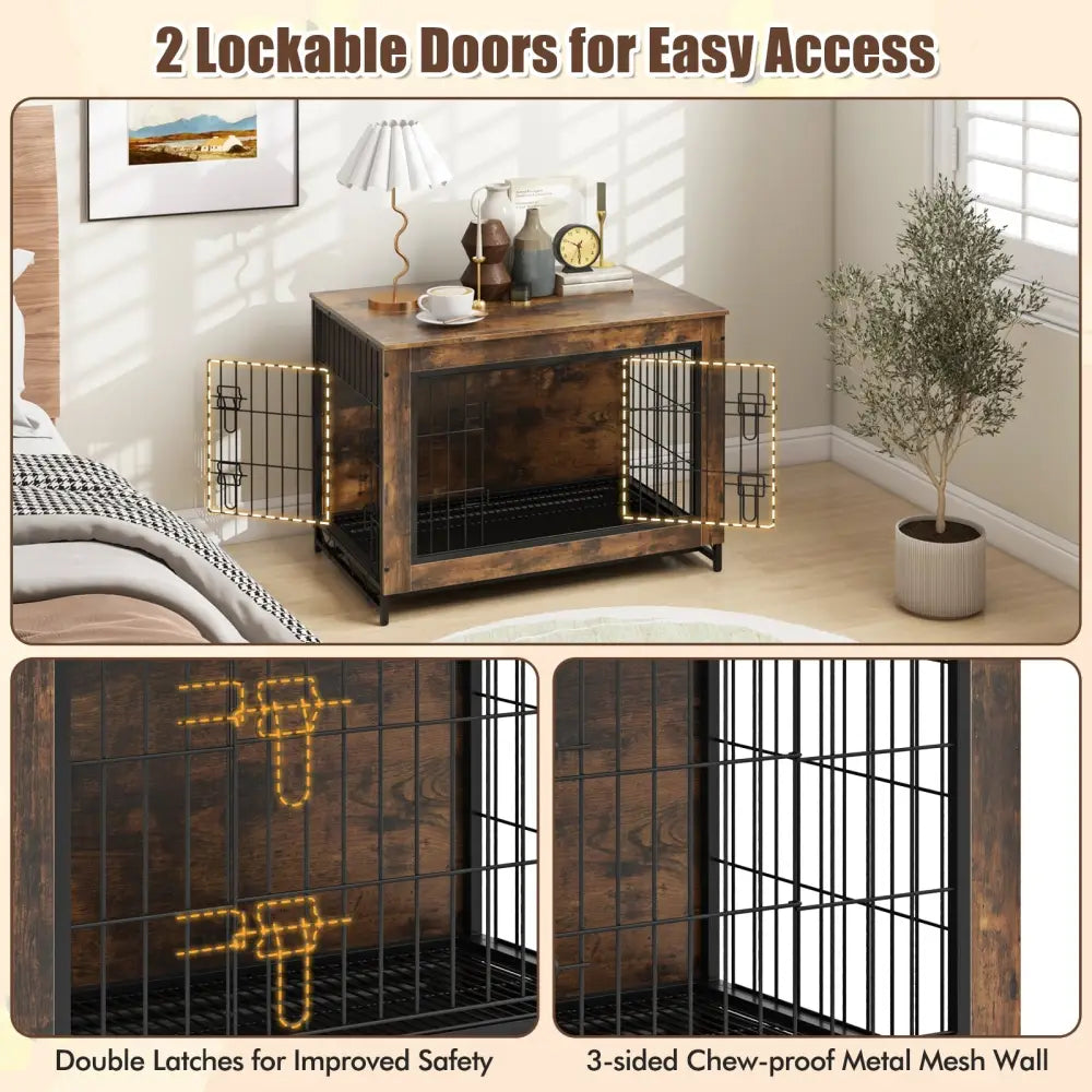 Dog Crate Furniture with Double Lockable Doors and Removable Pull-out Tray-M - Dog Kennels