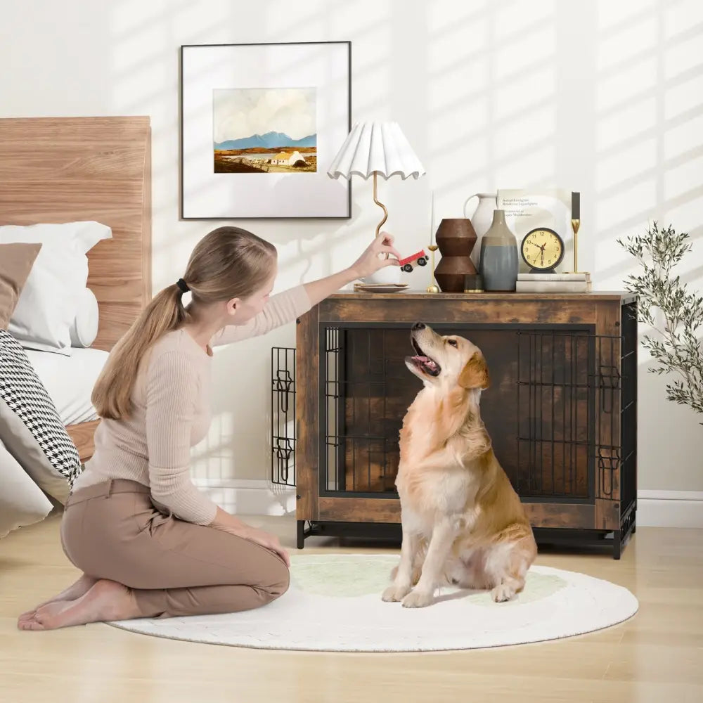 Dog Crate Furniture with Double Lockable Doors and Removable Pull-out Tray-M - Dog Kennels