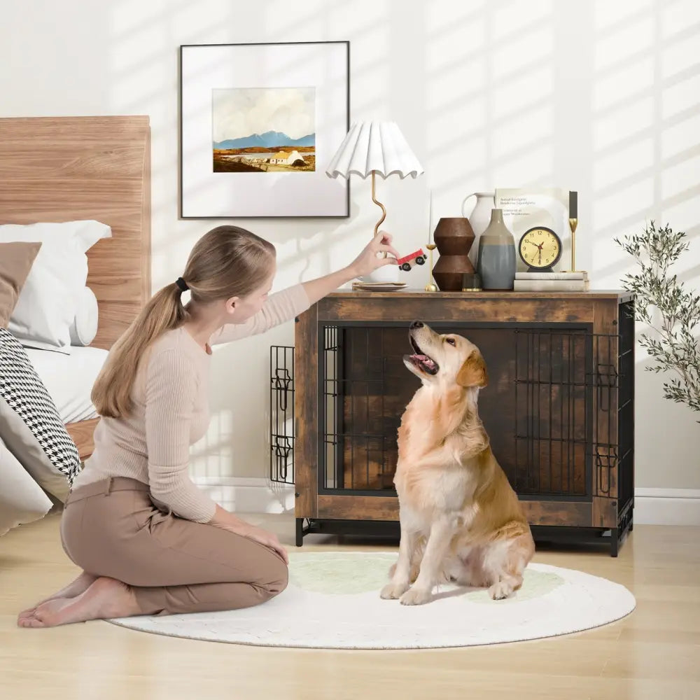 Dog Crate Furniture with Double Lockable Doors and Removable Pull-out Tray-M - Dog Kennels