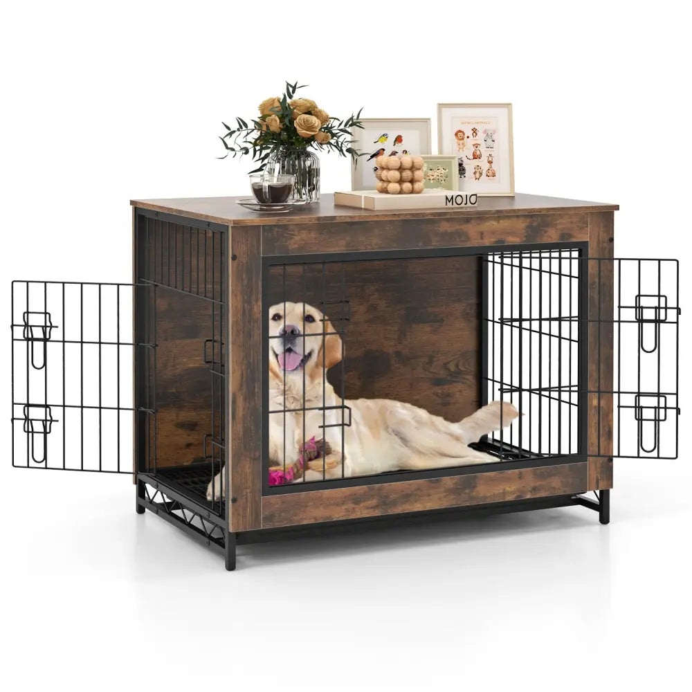 Dog Crate Furniture with Double Lockable Doors and Removable Pull-out Tray-M - Dog Kennels
