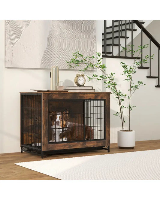 Dog Crate Furniture with Double Lockable Doors and Removable Pull-out Tray-M - Dog Kennels