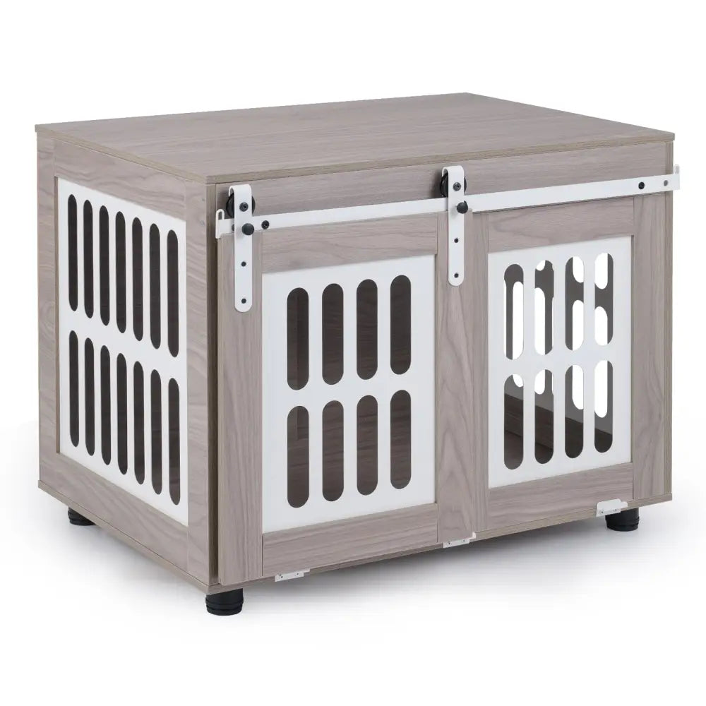 Dog Crate Furniture with Sliding Barn Door for Small Medium Dogs-Gray - Gray - Dog Kennels