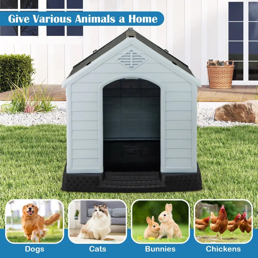 Dog House for Small Dogs Waterproof Plastic with Elevated Floor-M - Gray - Dog Kennels