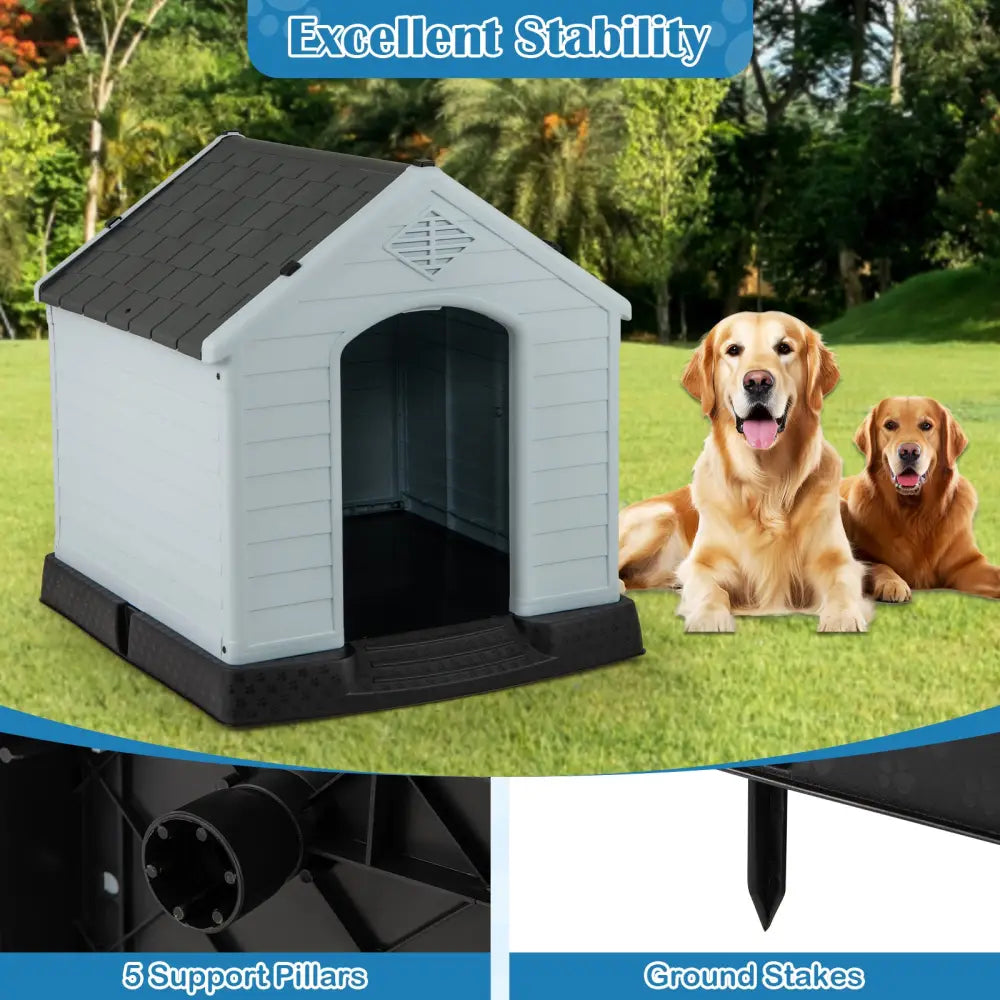 Dog House for Small Dogs Waterproof Plastic with Elevated Floor-M - Gray - Dog Kennels