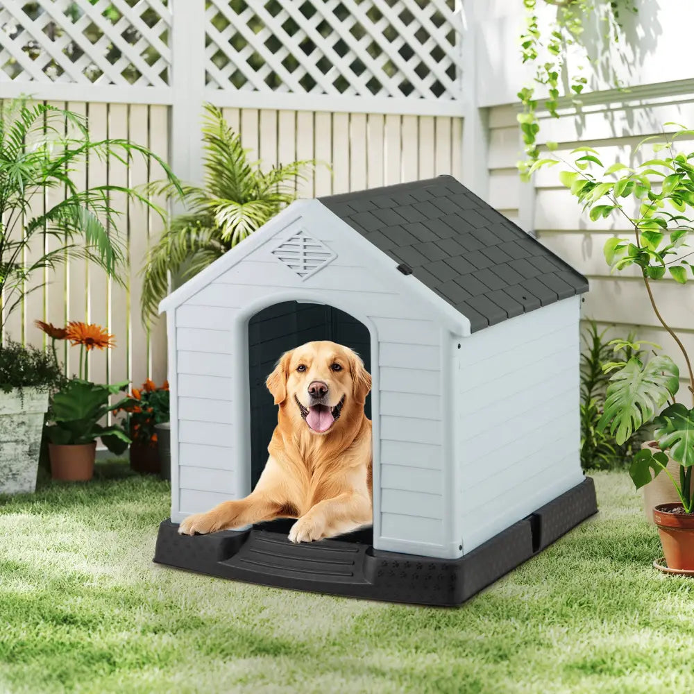 Dog House for Small Dogs Waterproof Plastic with Elevated Floor-M - Gray - Dog Kennels