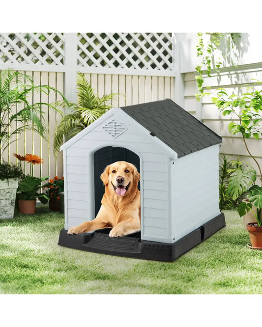 Dog House for Small Dogs Waterproof Plastic with Elevated Floor-M - Gray - Dog Kennels