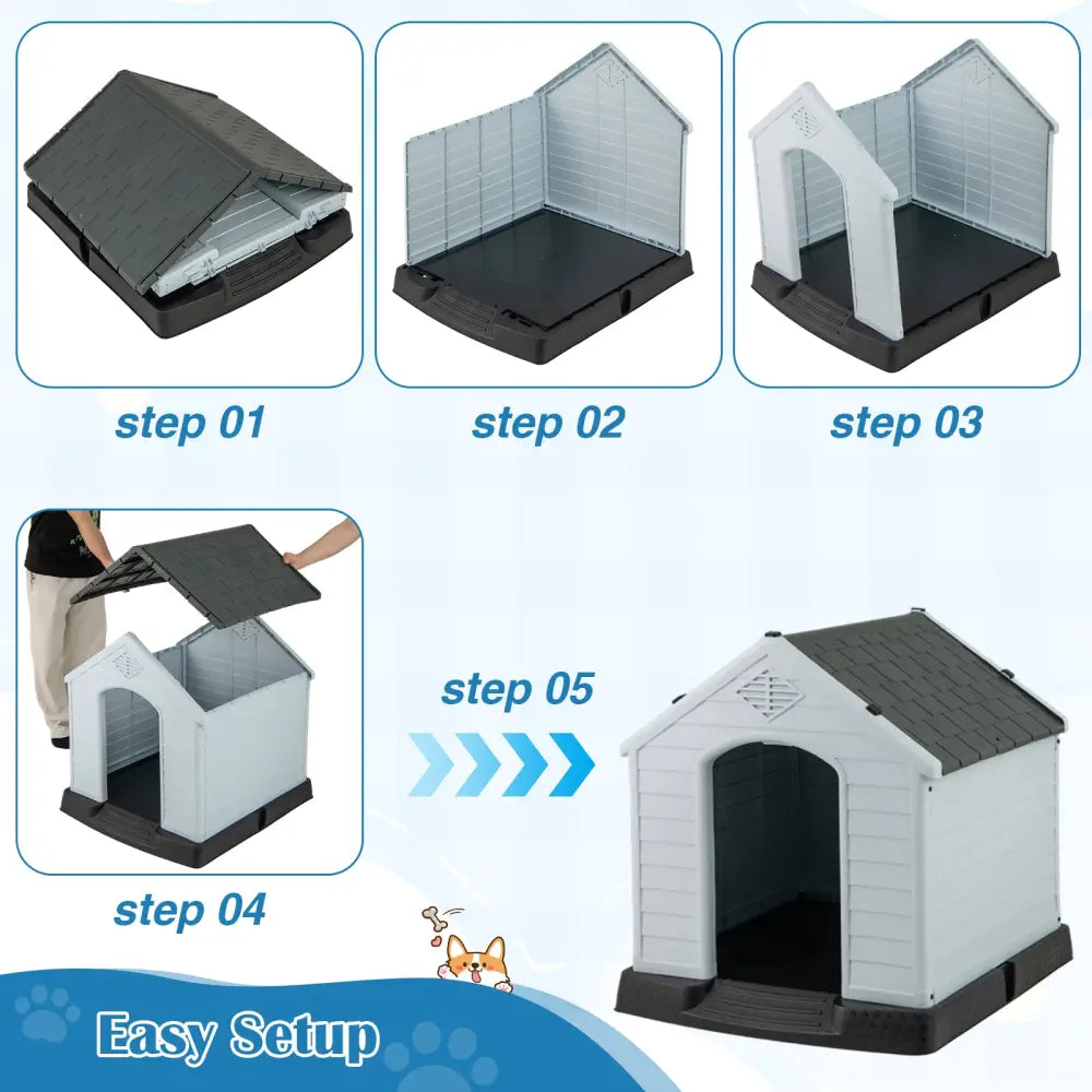 Dog House for Small Dogs Waterproof Plastic with Elevated Floor-M - Gray - Dog Kennels