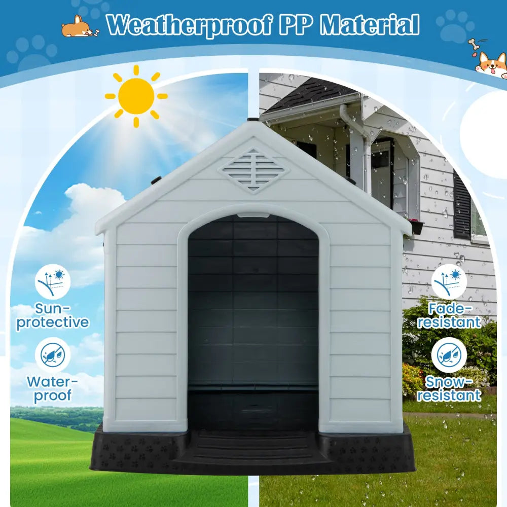 Dog House for Small Dogs Waterproof Plastic with Elevated Floor-M - Gray - Dog Kennels