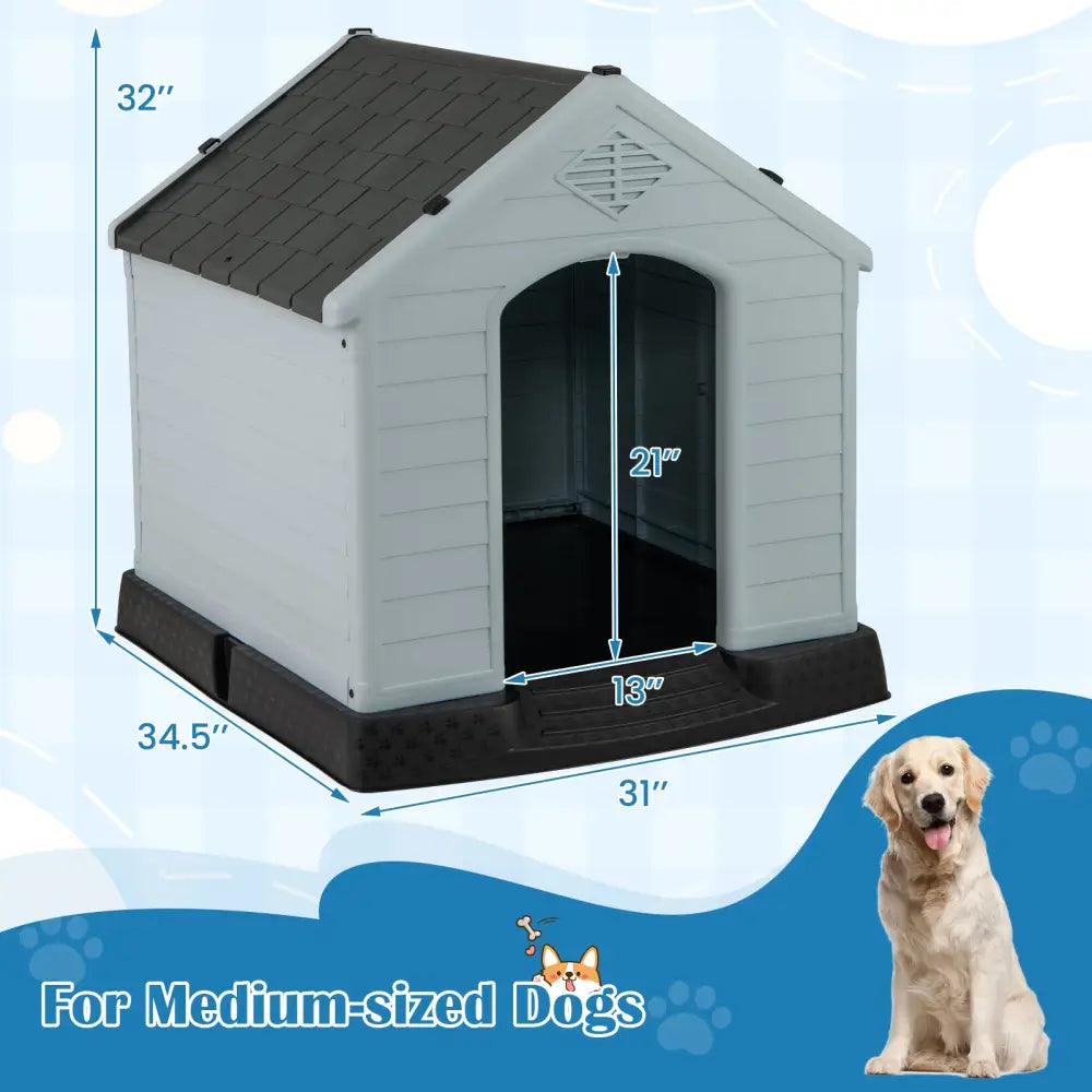 Dog House for Small Dogs Waterproof Plastic with Elevated Floor-M - Gray - Dog Kennels