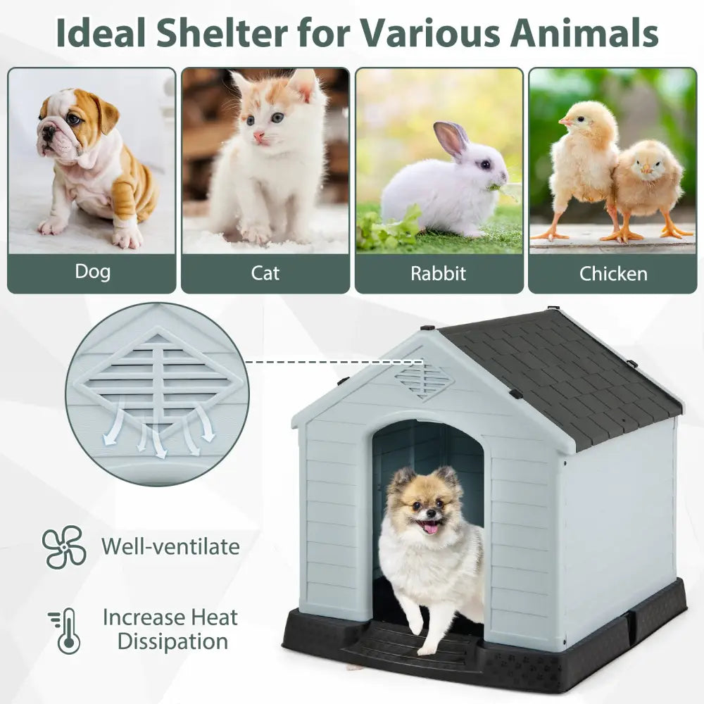 Dog House for Small Dogs Waterproof Plastic with Elevated Floor-S - Gray - Dog Kennels