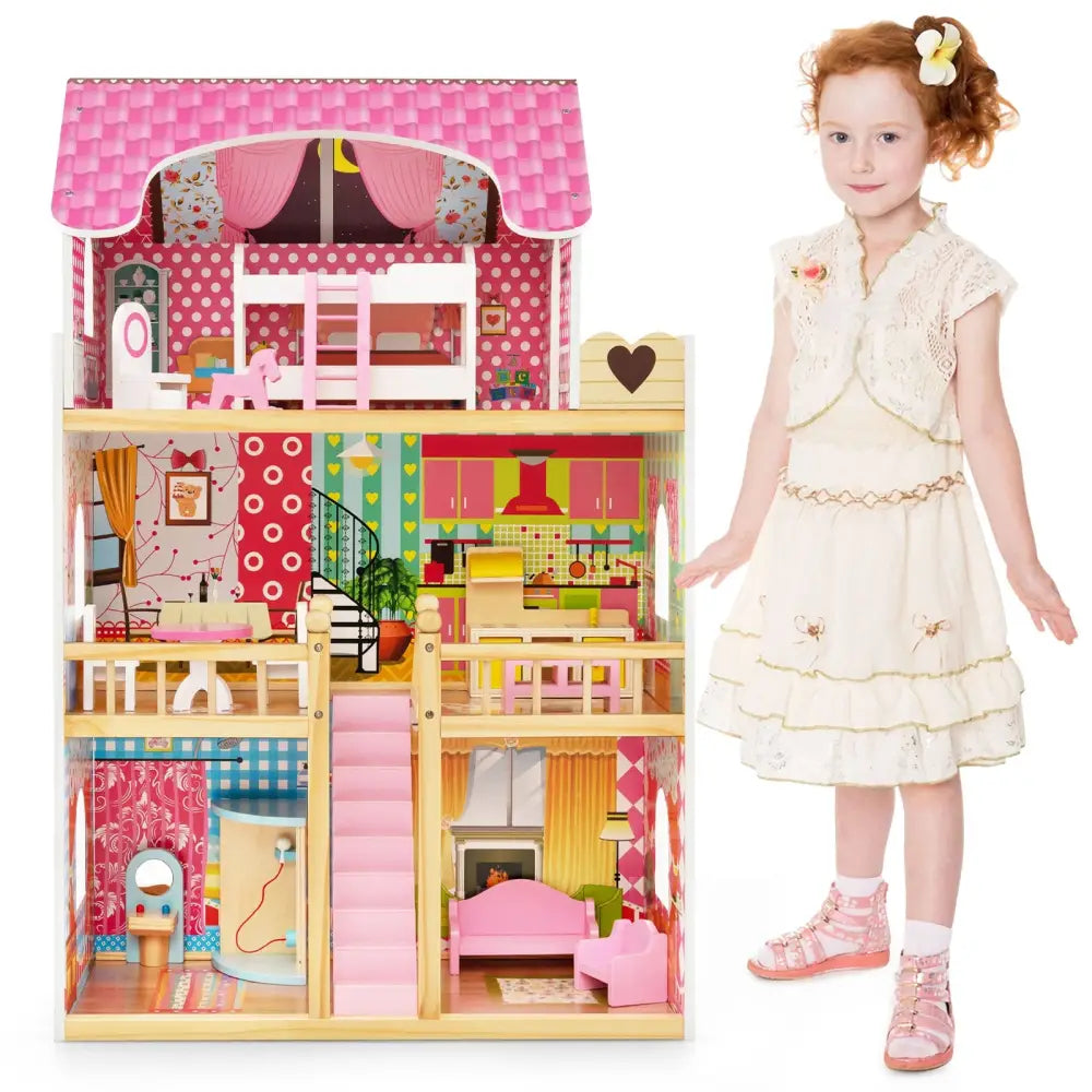 Doll House Playset with 3 Stories and 6 Simulated Rooms and 15 Pieces of Furniture-Pink - Pink - Play Tents & Playhouse