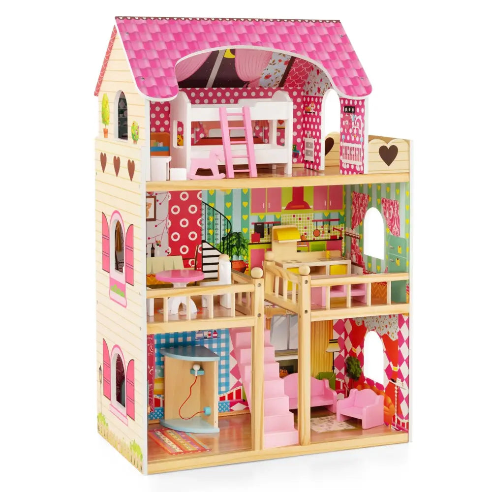 Doll House Playset with 3 Stories and 6 Simulated Rooms and 15 Pieces of Furniture-Pink - Pink - Play Tents & Playhouse