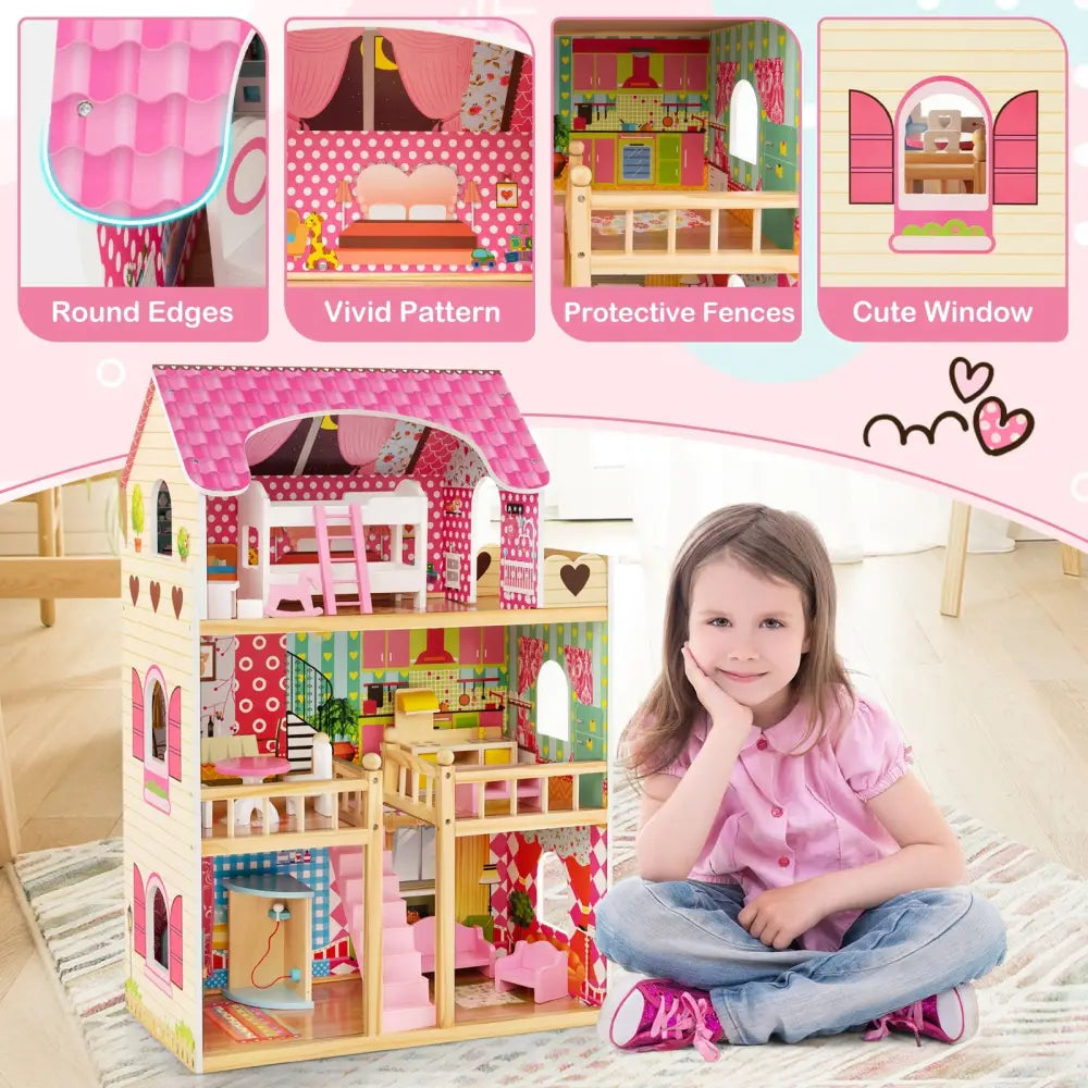 Doll House Playset with 3 Stories and 6 Simulated Rooms and 15 Pieces of Furniture-Pink - Pink - Play Tents & Playhouse