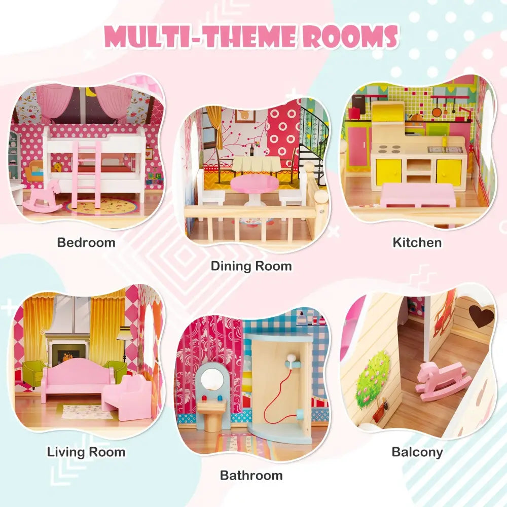 Doll House Playset with 3 Stories and 6 Simulated Rooms and 15 Pieces of Furniture-Pink - Pink - Play Tents & Playhouse