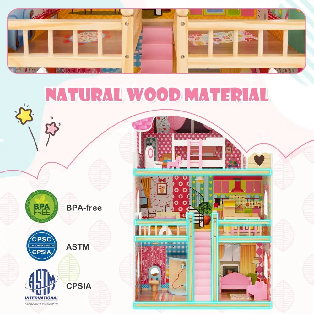 Doll House Playset with 3 Stories and 6 Simulated Rooms and 15 Pieces of Furniture-Pink - Pink - Play Tents & Playhouse