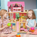 Doll House Playset with 3 Stories and 6 Simulated Rooms and 15 Pieces of Furniture-Pink - Pink - Play Tents & Playhouse