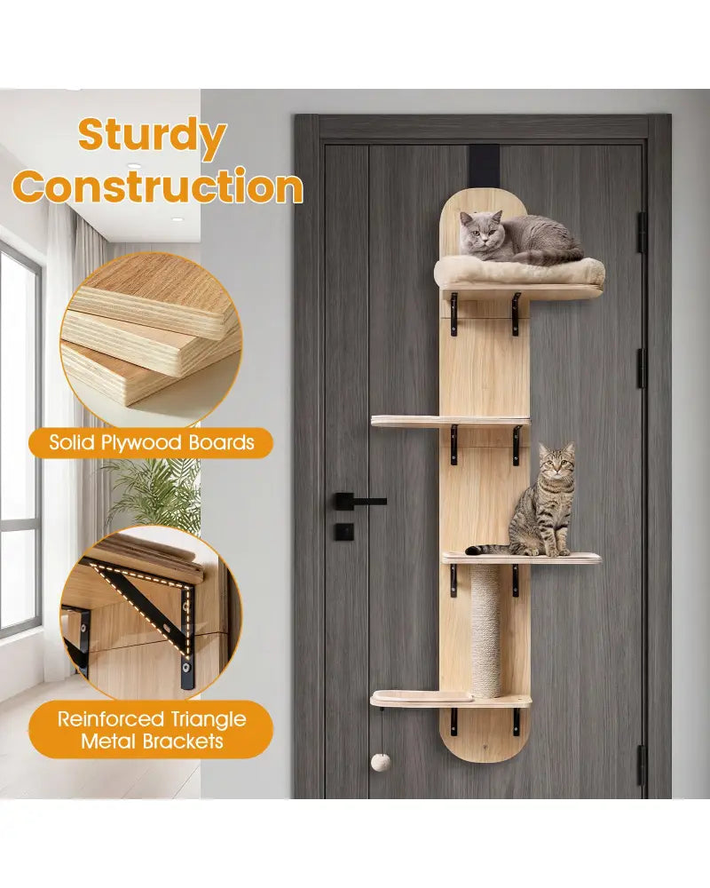 Door Hanging Cat Climber 4-level Height Adjustable with Plush Bed-Beige - Beige - Cat Trees Condos & Scratchers