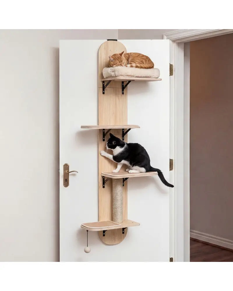 Door Hanging Cat Climber 4-level Height Adjustable with Plush Bed-Beige - Beige - Cat Trees Condos & Scratchers