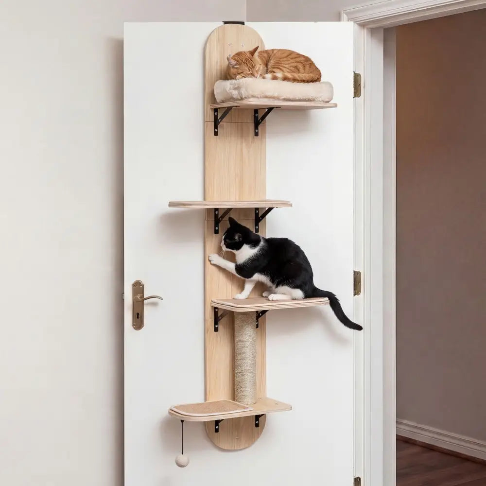 Door Hanging Cat Climber 4-level Height Adjustable with Plush Bed-Beige - Beige - Cat Trees Condos & Scratchers