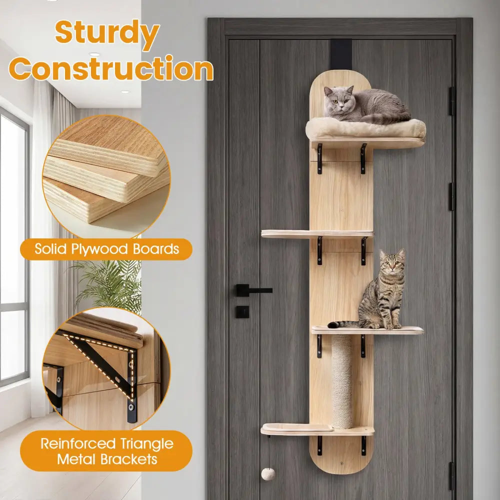Door Hanging Cat Climber 4-level Height Adjustable with Plush Bed-Beige - Beige - Cat Trees Condos & Scratchers