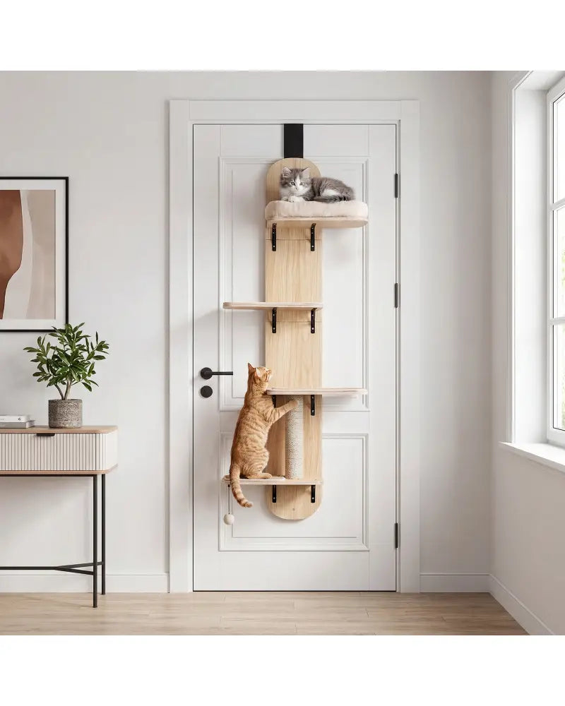 Door Hanging Cat Climber 4-level Height Adjustable with Plush Bed-Beige - Beige - Cat Trees Condos & Scratchers