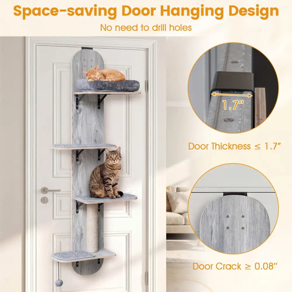 Door Hanging Cat Climber 4-level Height Adjustable with Plush Bed-Gray - Gray - Cat Trees Condos & Scratchers