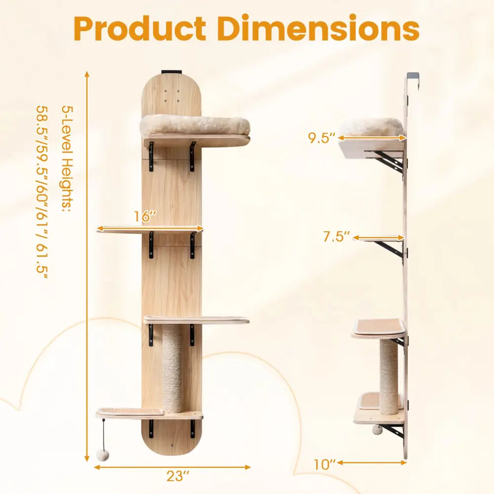 Door Hanging Cat Climber 4-level Height Adjustable with Plush Bed-Beige - Beige - Cat Trees Condos & Scratchers