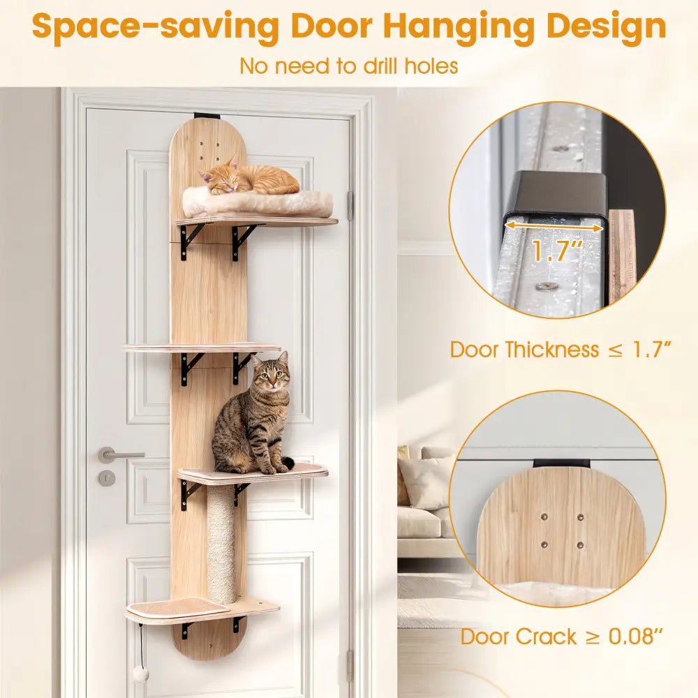 Door Hanging Cat Climber 4-level Height Adjustable with Plush Bed-Beige - Beige - Cat Trees Condos & Scratchers