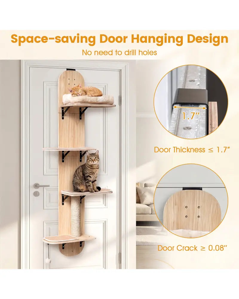 Door Hanging Cat Climber 4-level Height Adjustable with Plush Bed-Beige - Beige - Cat Trees Condos & Scratchers