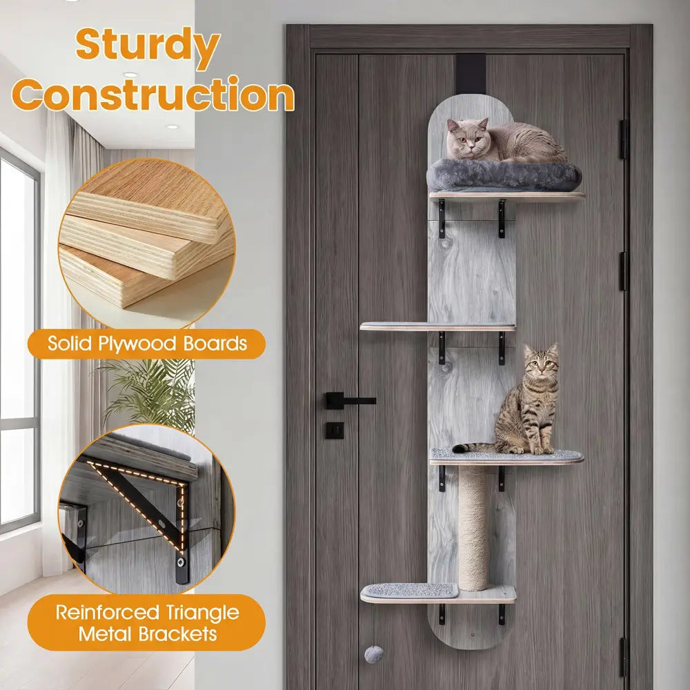 Door Hanging Cat Climber 4-level Height Adjustable with Plush Bed-Gray - Gray - Cat Trees Condos & Scratchers