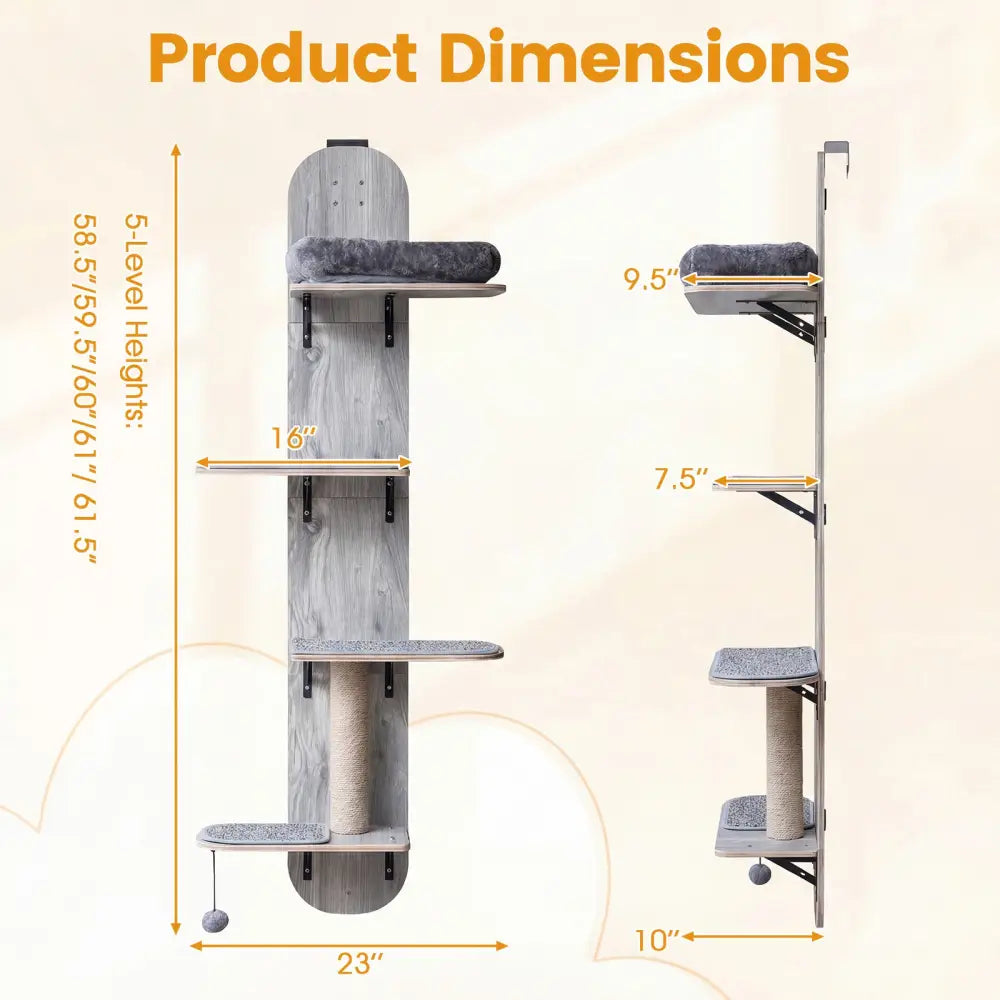 Door Hanging Cat Climber 4-level Height Adjustable with Plush Bed-Gray - Gray - Cat Trees Condos & Scratchers