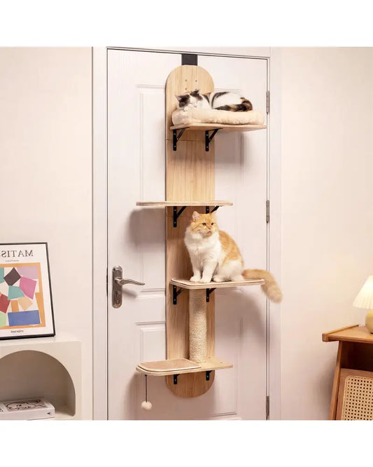 Door Hanging Cat Climber 4-level Height Adjustable with Plush Bed-Beige - Beige - Cat Trees Condos & Scratchers