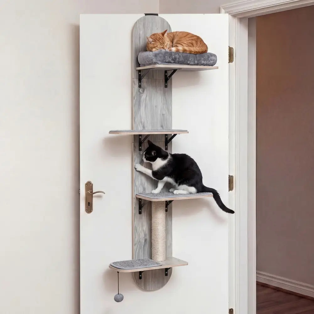 Door Hanging Cat Climber 4-level Height Adjustable with Plush Bed-Gray - Gray - Cat Trees Condos & Scratchers