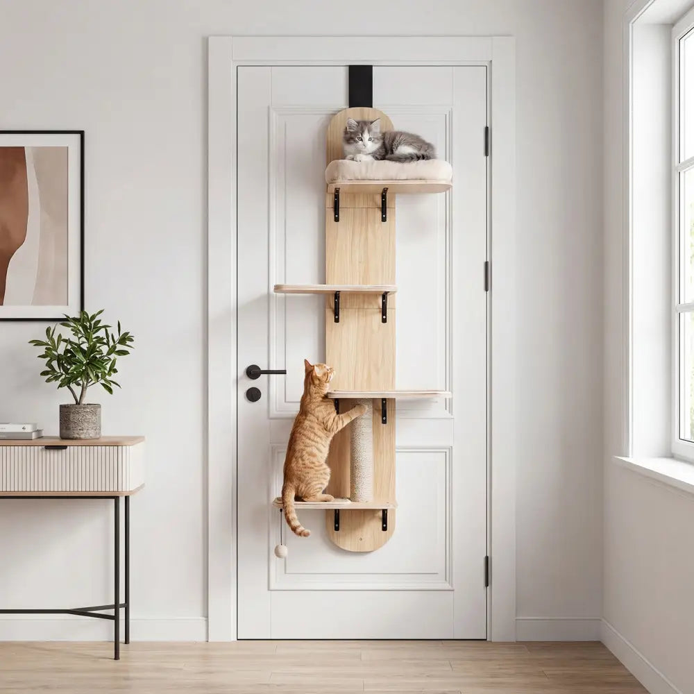 Door Hanging Cat Climber 4-level Height Adjustable with Plush Bed-Beige - Beige - Cat Trees Condos & Scratchers