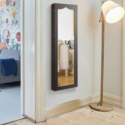 Door Hanging Mirror Jewelry Armoire with Full Length Mirror and 6 Drawers-Coffee Costway