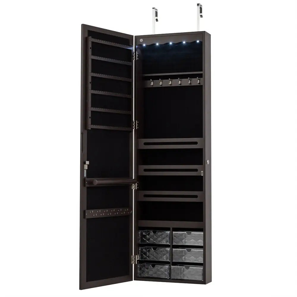 Door Hanging Mirror Jewelry Armoire with Full Length Mirror and 6 Drawers-Coffee - Brown - Jewelry Armoires