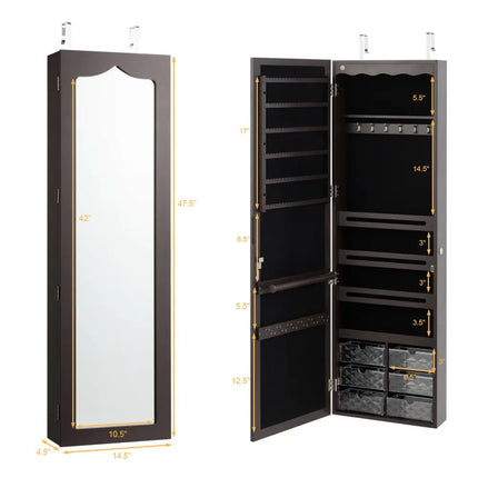 Door Hanging Mirror Jewelry Armoire with Full Length Mirror and 6 Drawers-Coffee Costway