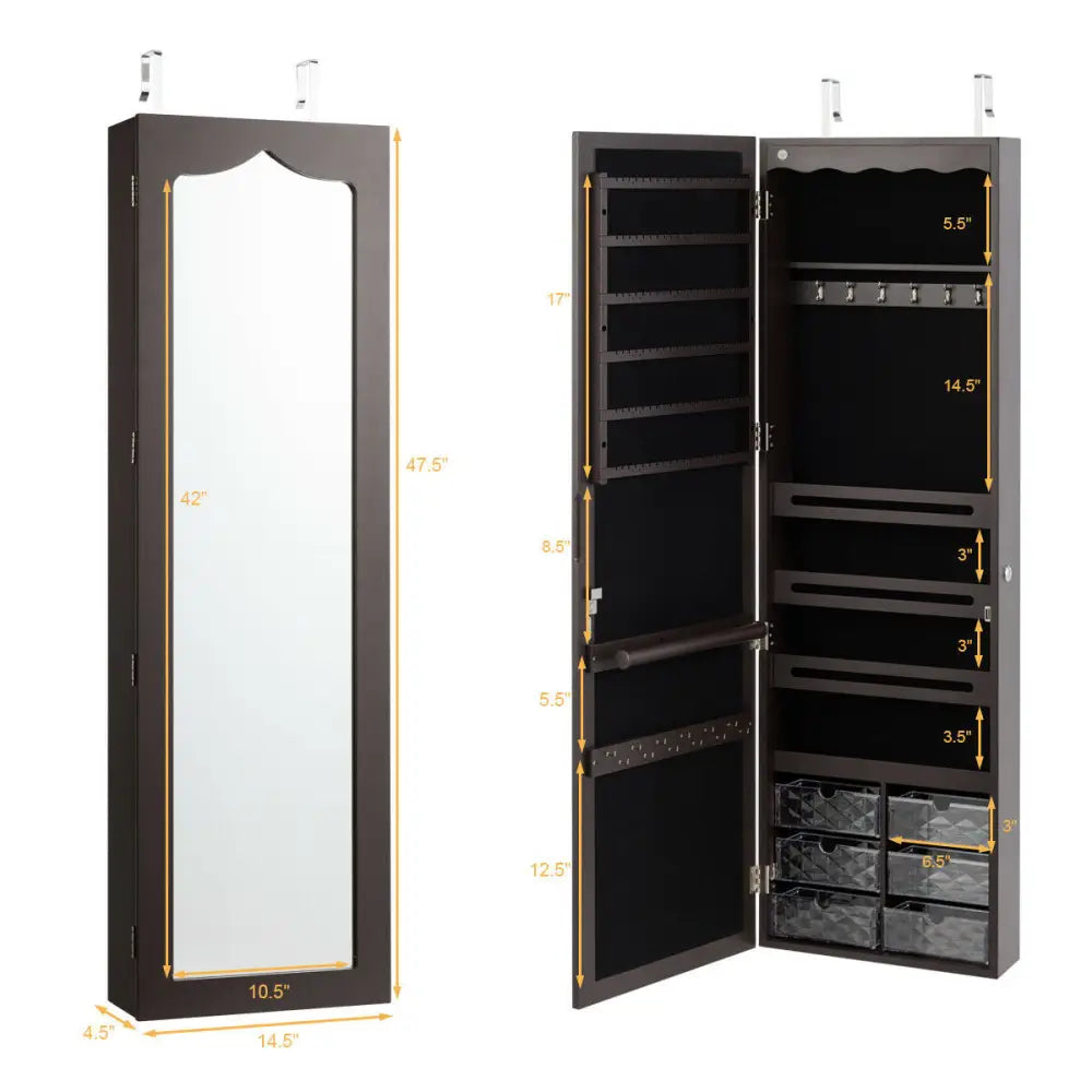 Door Hanging Mirror Jewelry Armoire with Full Length Mirror and 6 Drawers-Coffee Costway